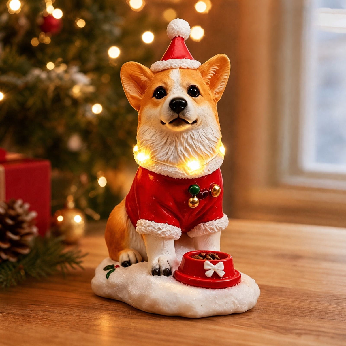 Luckky Lighted Christmas Dog Resin Statue, Santa Hat and Scarf Dog Figurine, 7.87 Inch, Multi-Color LED Lights, Indoor Outdoor Holiday Decor