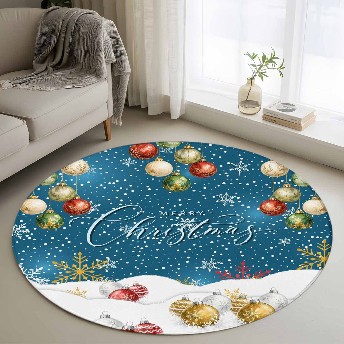 8x10 Area Rugs, Navy Blue Christmas Non-Skid Rubber Backing Large Rectangle Rugs - Living Room Bedroom Home Office, Xmas Snowflake Balls Snowy Sparkle Indoor Floor Mat Carpets Washable Rug