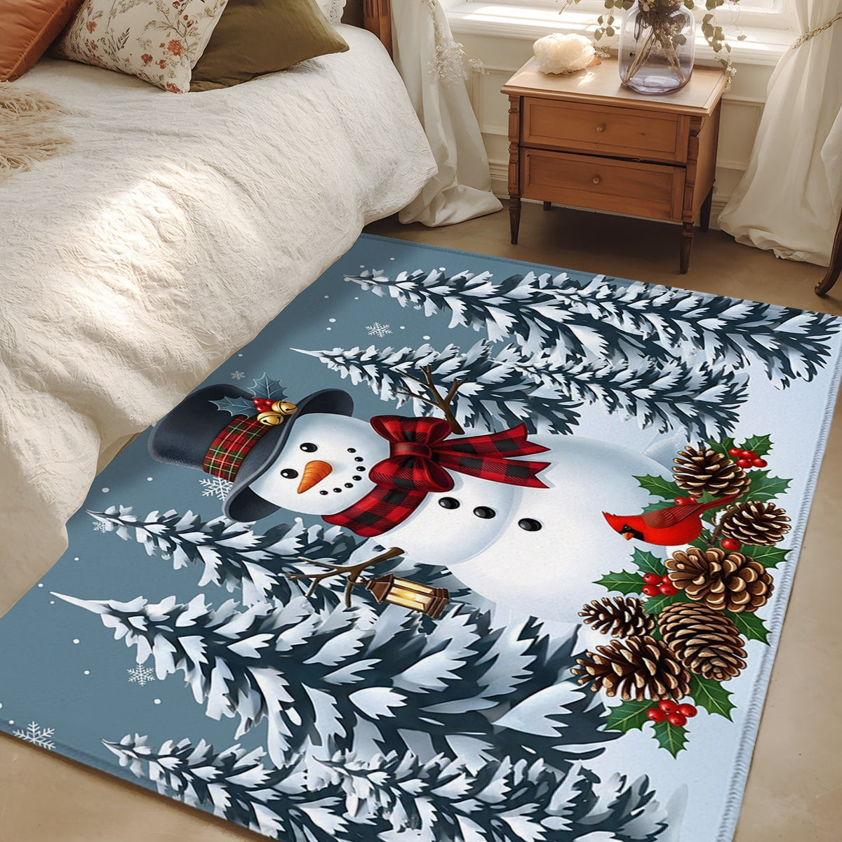 5x7 Area Rugs, Light Blue Snowman Christmas Non-Skid Rubber Backing Large Rectangle Rugs - Living Room Bedroom Home Office, Xmas Pinecone Tree Snowflake Indoor Floor Mat Carpets Washable Rug