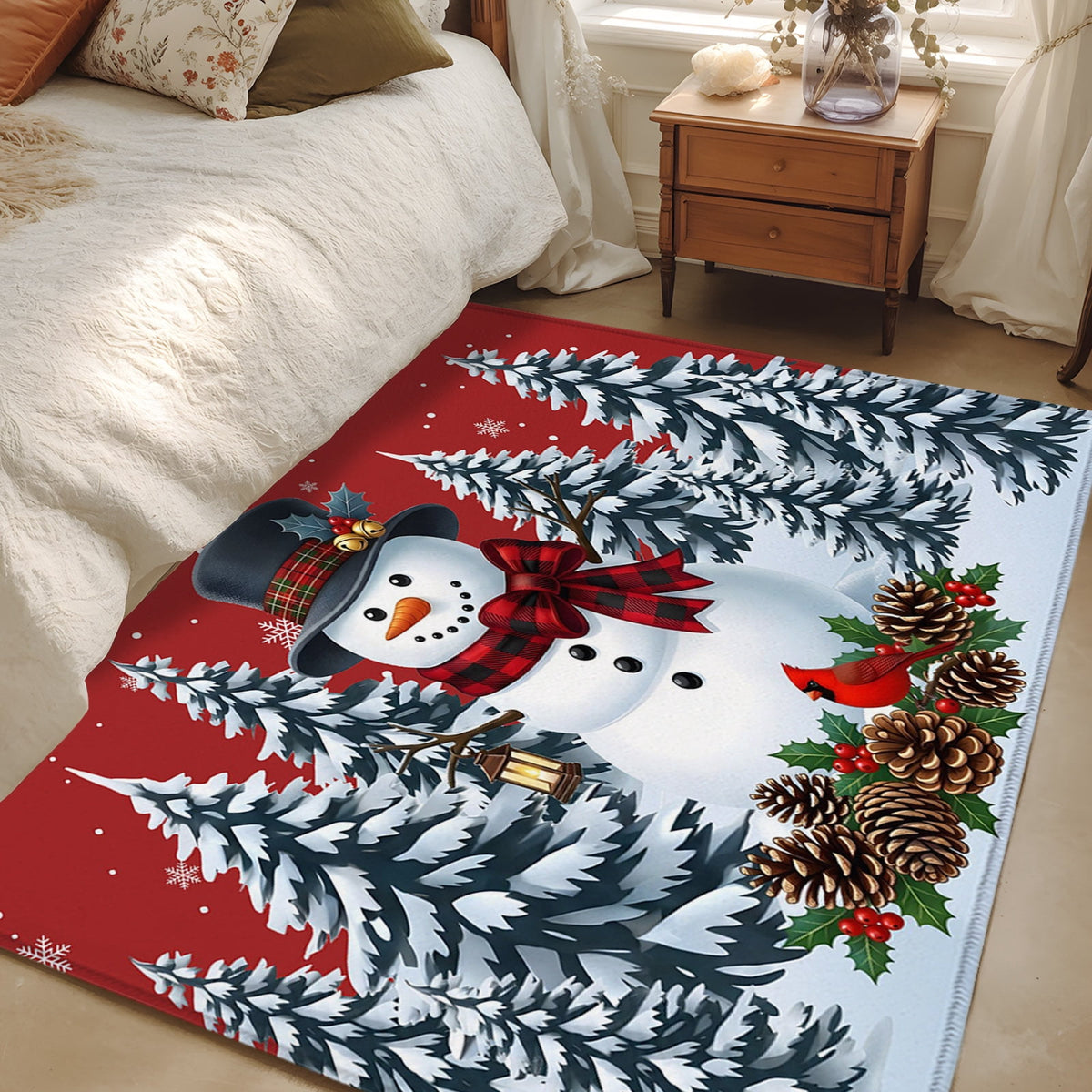 5x7 Area Rugs, Light Blue Snowman Christmas Non-Skid Rubber Backing Large Rectangle Rugs - Living Room Bedroom Home Office, Xmas Pinecone Tree Snowflake Indoor Floor Mat Carpets Washable Rug