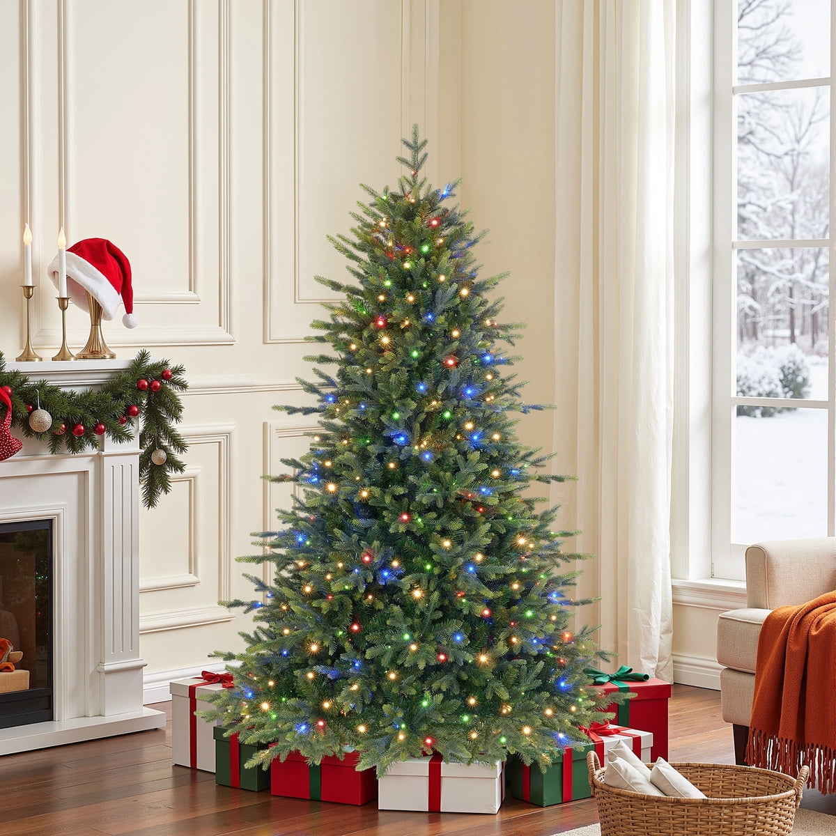 Lolsea 7ft Prelit PE Noble Fir Artificial Christmas Tree with Remote Control, Timer and Warm White & Multi-Color Lights