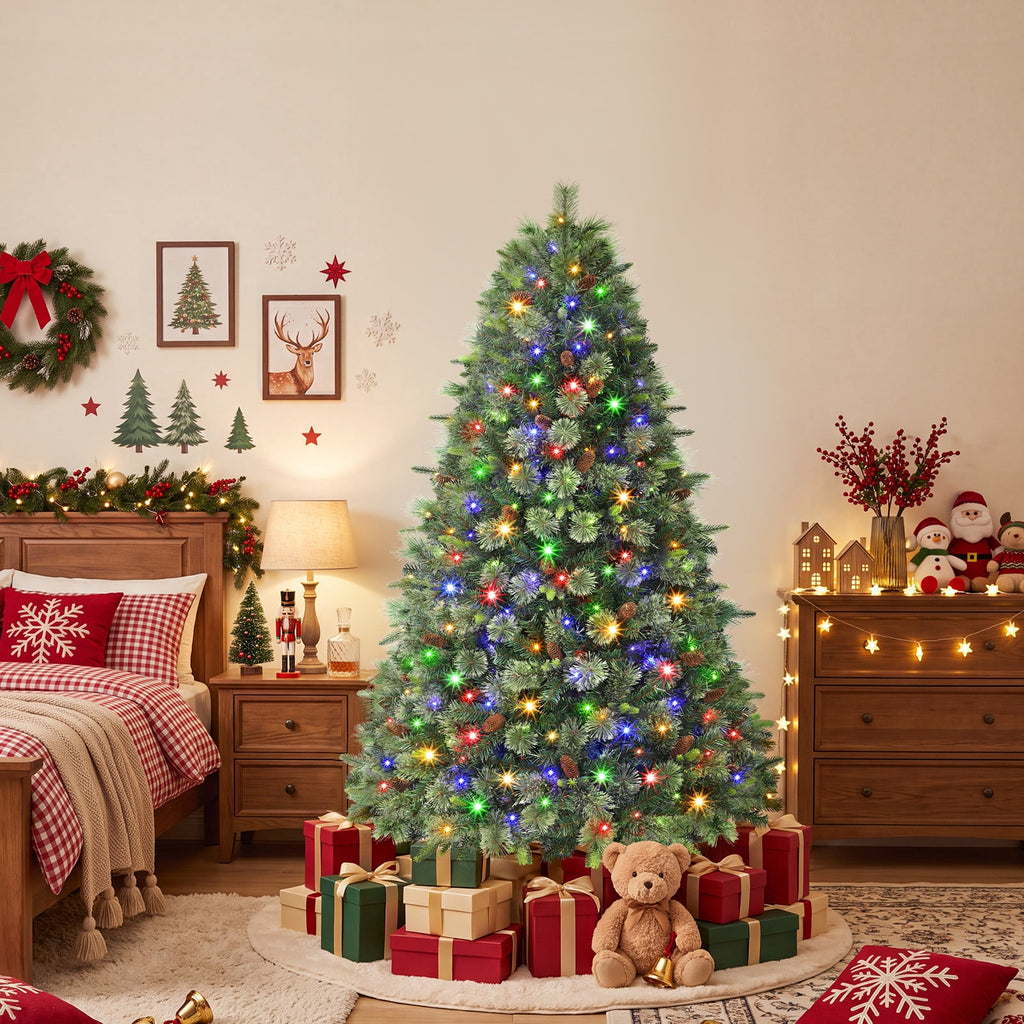 Lolsea 5.5ft Prelit PE Pine Artificial Christmas Tree with Lifelike Needles & Pine Cones, Remote Control, Warm White & Multi‑Color LED Lights