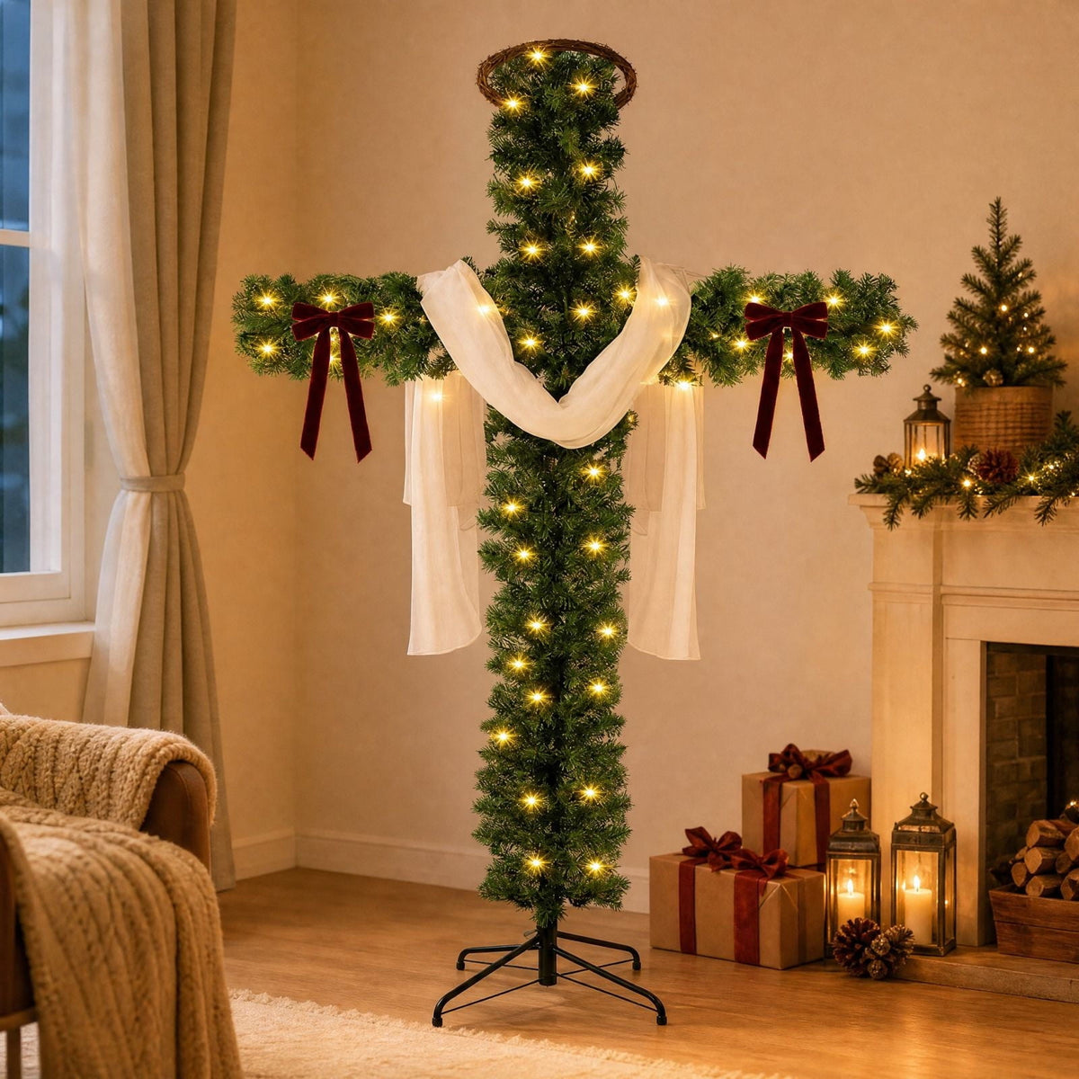 5ft Christmas Cross Tree with Bow & Scarf, Religious Christmas Tree with Warm LED Lights