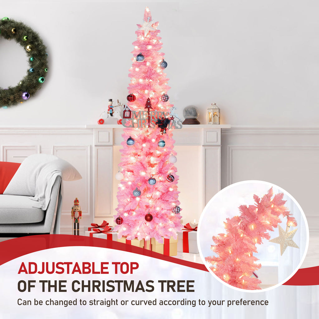 VEIKOUS 6ft Christmas Tree Crooked Neck with Topper, Prelit Xmas Tree with 200 LED Lights & 536 Branch Tips, Bendable Top Christmas Slim Tree for Holiday Decor, Green