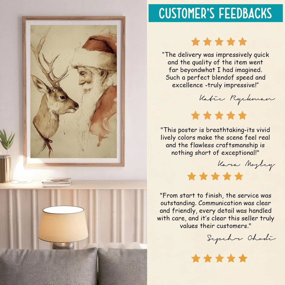 Santa And Reindeer Print Wall Art, Vintage Christmas Poster, Neutral Holiday, Matte Canvas Stretched, Posters for Room Bedroom Living Room Bathroom Wall Decor, Posters & Art Prints, Gift.