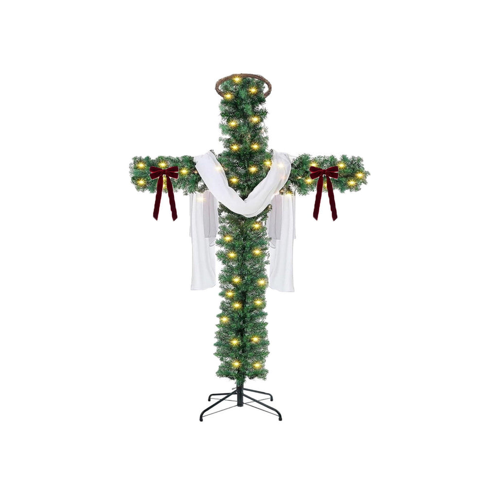 5ft Christmas Cross Tree with Bow & Scarf, Religious Christmas Tree with Warm LED Lights