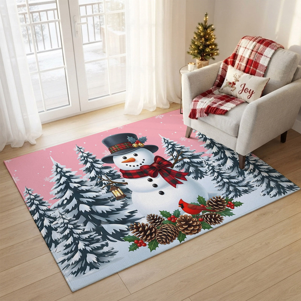 5x7 Area Rugs, Light Blue Snowman Christmas Non-Skid Rubber Backing Large Rectangle Rugs - Living Room Bedroom Home Office, Xmas Pinecone Tree Snowflake Indoor Floor Mat Carpets Washable Rug