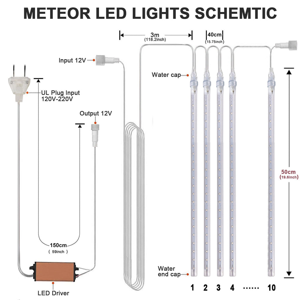 Upgraded Meteor Shower Rain Lights - 19.68 Inch, 10 Tubes, 540 LED Falling Rain Drop Christmas Light, Waterproof Cascading Lights for Holiday Party Wedding Christmas Tree Decoration (White)