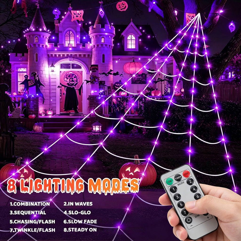 DAYBETTER Halloween Spider Web Lights, 250 LED Holiday Lighting, 15.7x16.4FT Waterproof Web Lights, Remote Control, for Indoor Outdoor Yard Garden Halloween Decor (Purple Light)