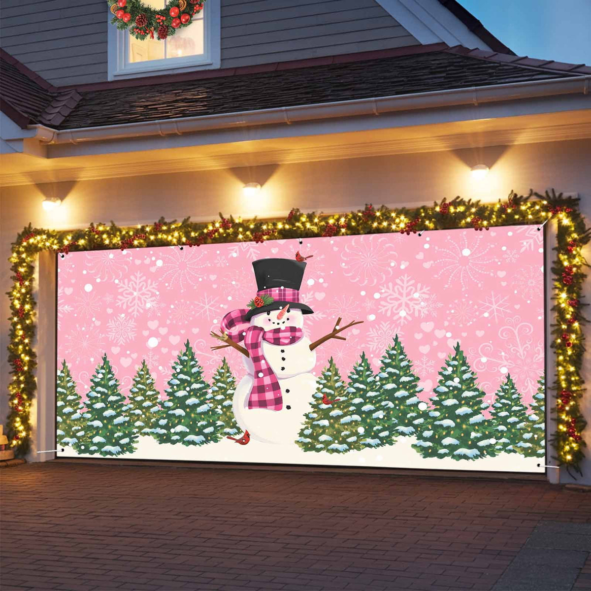 Fsddascl 7 x 16 Ft Christmas Garage Door Cover, Pink Snowman Christmas Large Garage Door Banner, Green Xmas Tree Snowflake Hanging Garage Mural Background for Indoor Outdoor Xmas Party Supplies