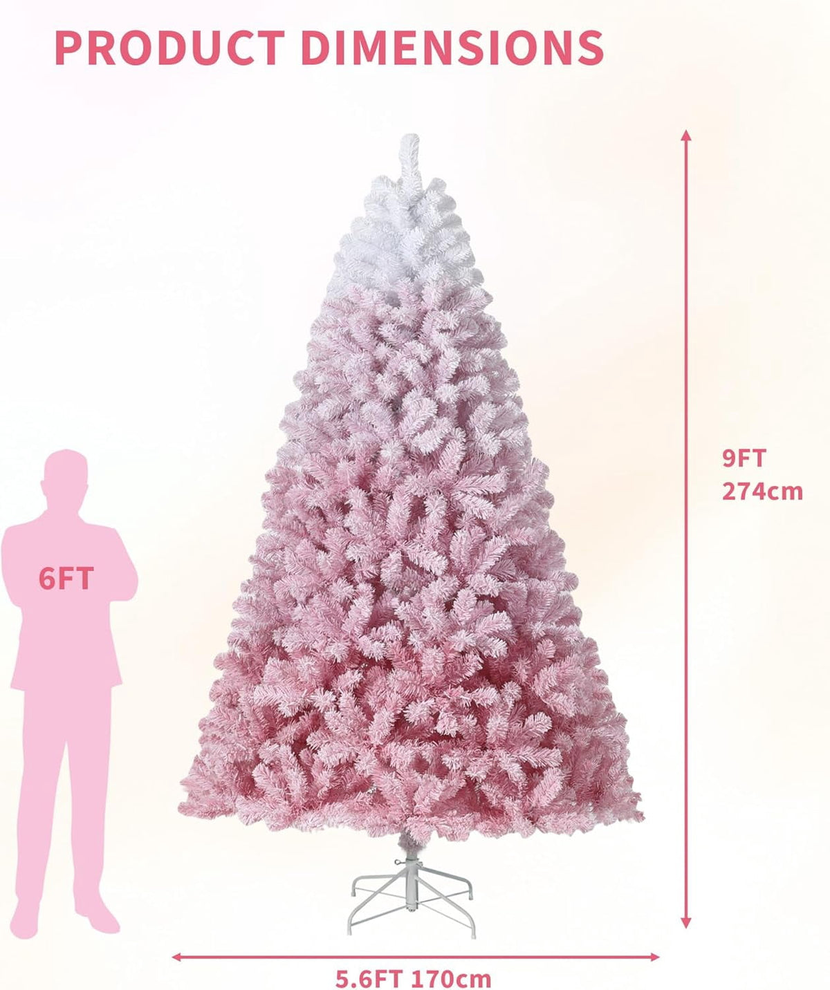 4.5/6/7.5/9/12 ft Artificial Christmas Tree with Warm White LED Lights, Pink Gradient Snow Frosted Xmas Tree for Holiday Decoration with 300 Realistic Branch Tips & Metal Stand