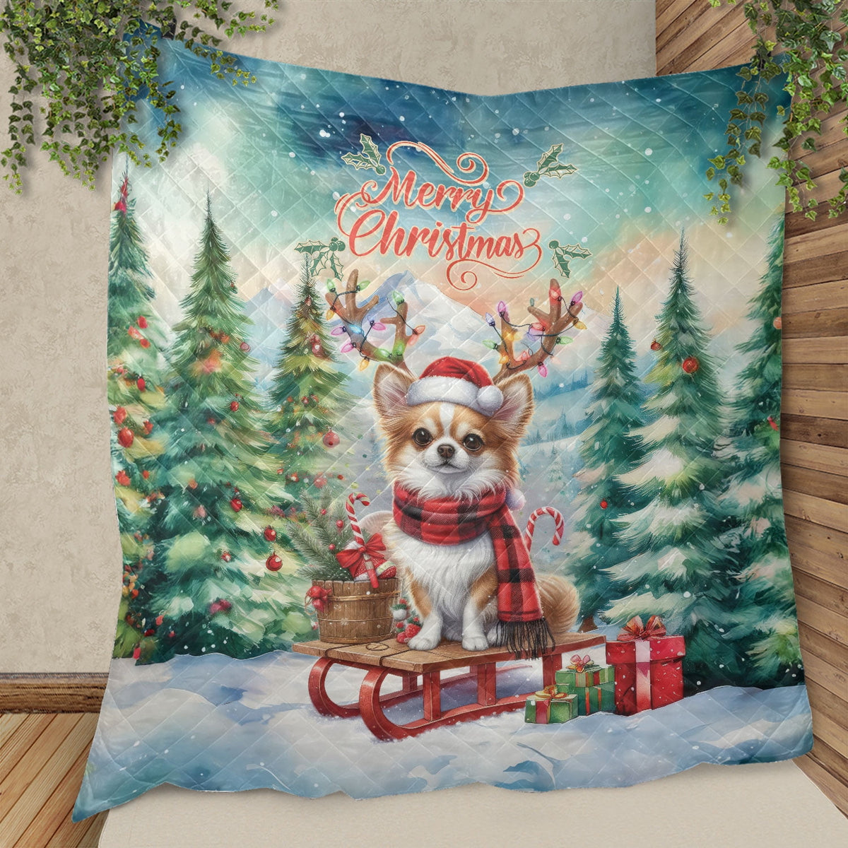 Merry Christmas Santa Reindeer Antlers French Bulldog Sleigh Xmas Winter Holiday Quilt Bedding Set Dog Lover Gifts 1 Blanket Bed Cover 2 Pillowcases - 00023
