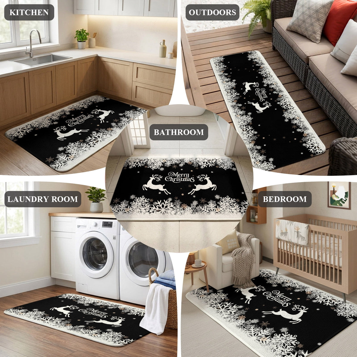 Black Christmas Washable Area Rugs for Living Room Bedroom, Large Non Slip Indoor Floor Carpet Absorbent Low Pile Elk Xmas Snowflake Winter Deer Door Mat Rugs for Bathroom Entryway 47.2"x63"