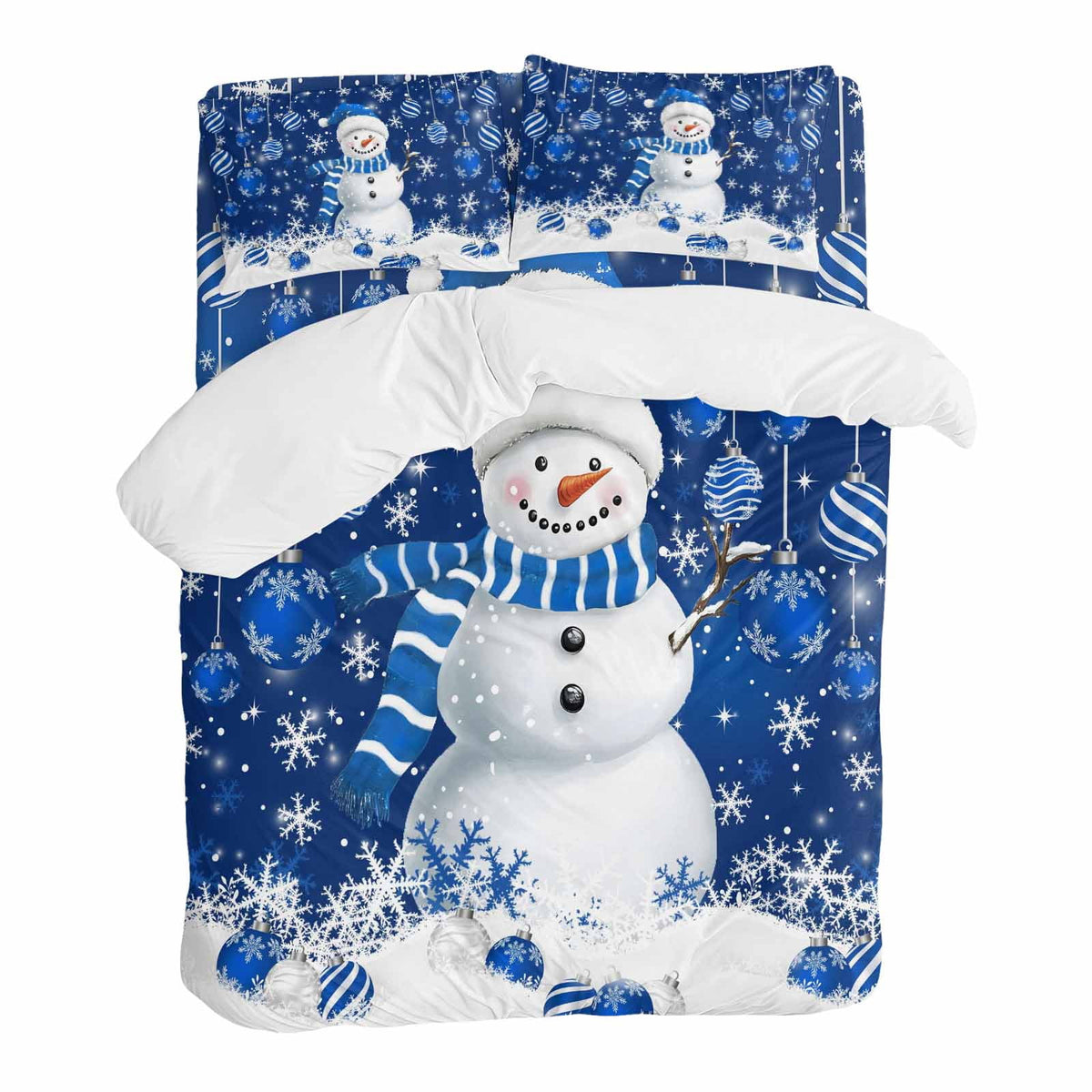 Christmas Blue Snowman 4 Piece Duvet Cover Set Full Size Xmas Balls Snowflake Soft Bedding Set Comforter Cover, 1 Duvet Cover 1 Flat Sheets and 2 Pillowcases