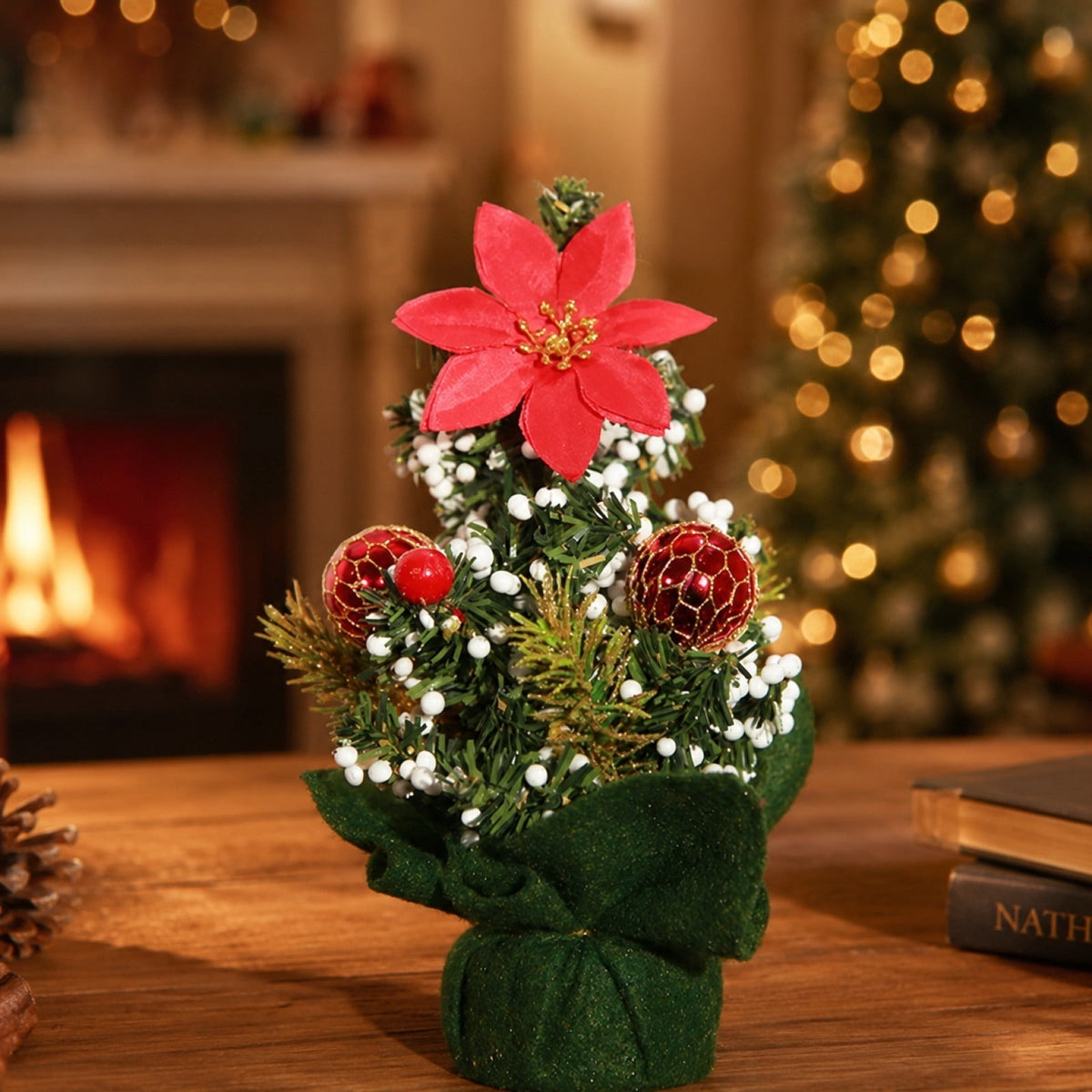 Surpdew Mini Christmas Tree Table Top Decorations- 9" Artificial Small Pine Trees with Burlap Base on Desktop, Shelves, Bedroom, Miniature Scenes Xmas for Home, Office, Party Decor