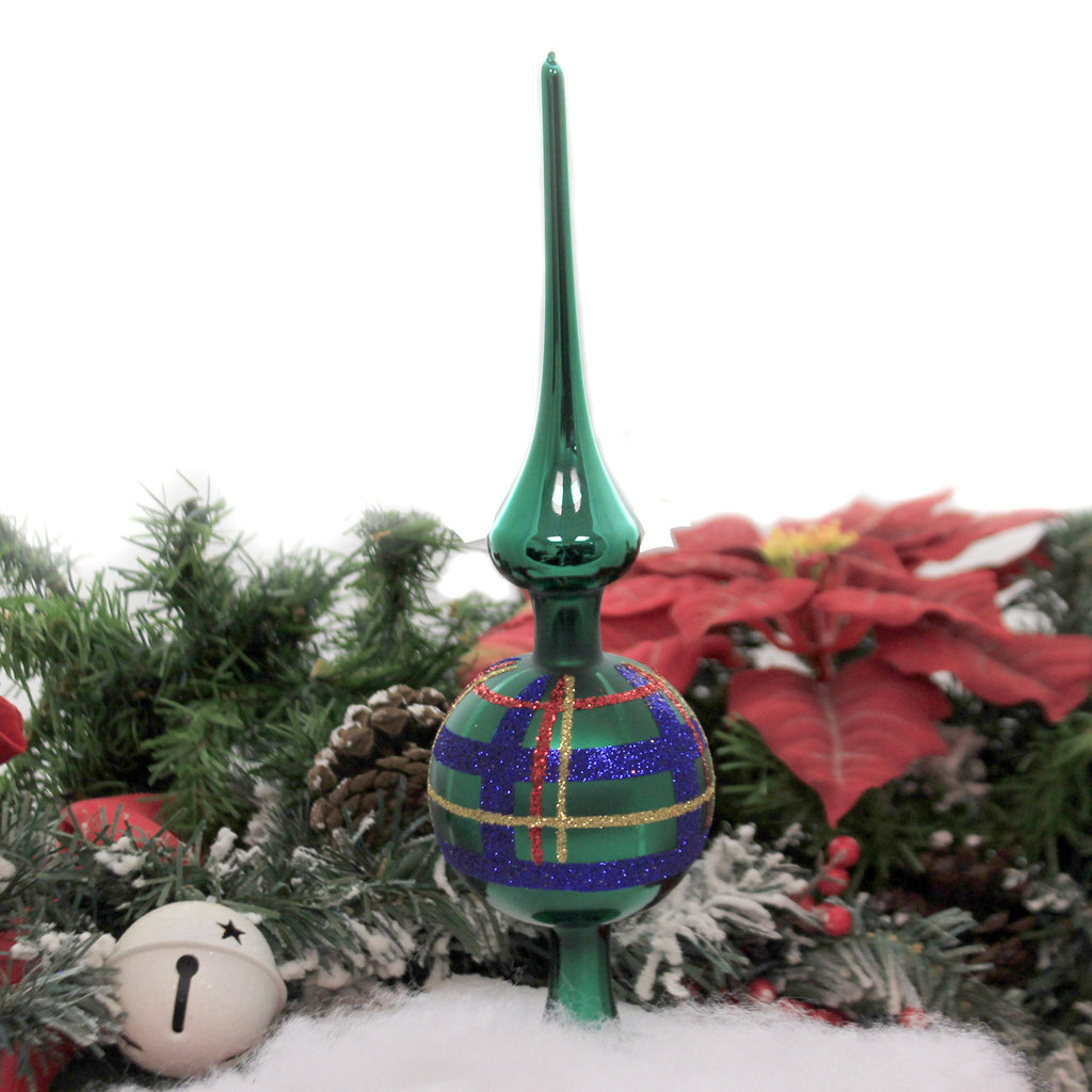 Forest Green Plaid Finial - 1 Tree Topper 10 Inch, Glass - Tree Topper Free Standing 21173T023