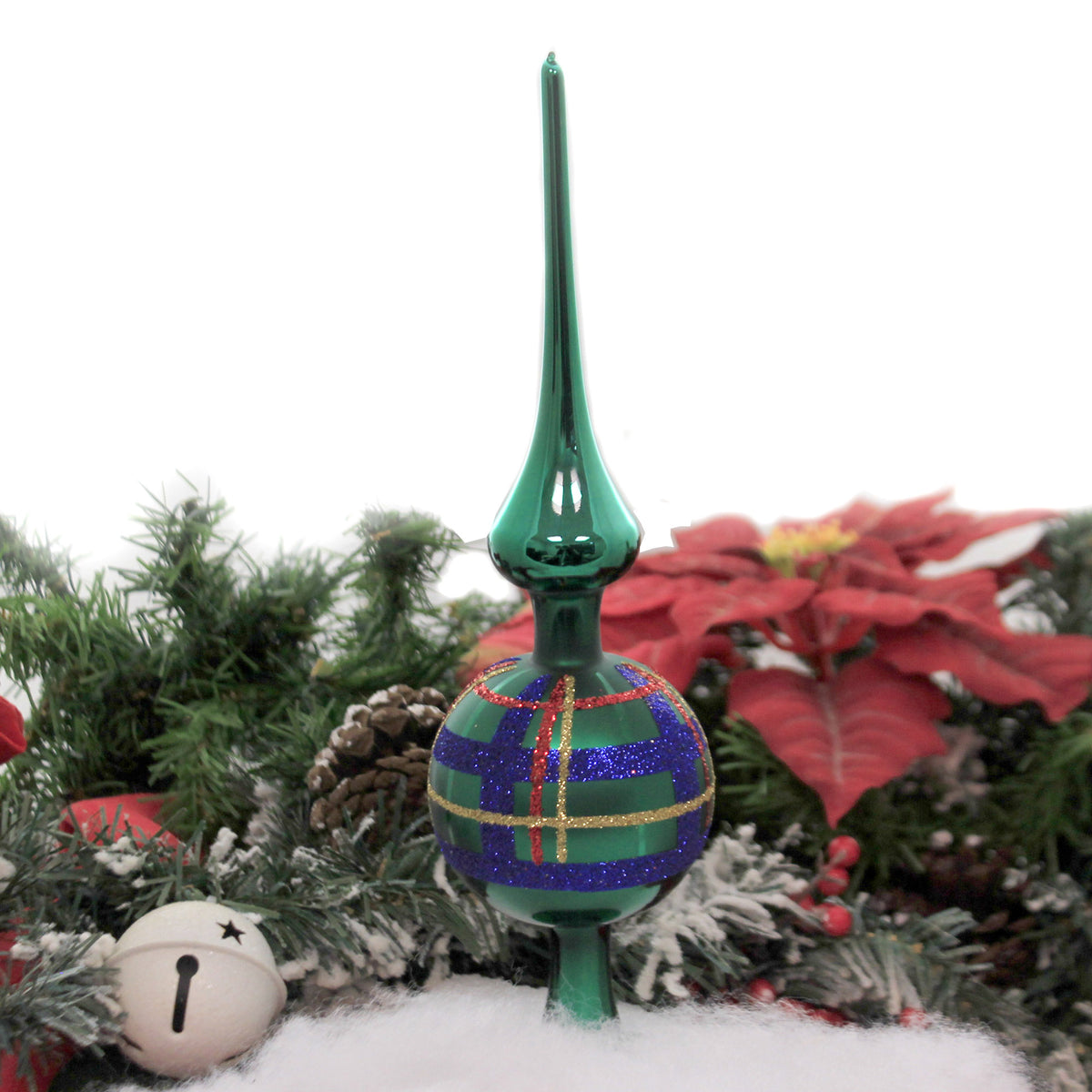 Forest Green Plaid Finial - 1 Tree Topper 10 Inch, Glass - Tree Topper Free Standing 21173T023