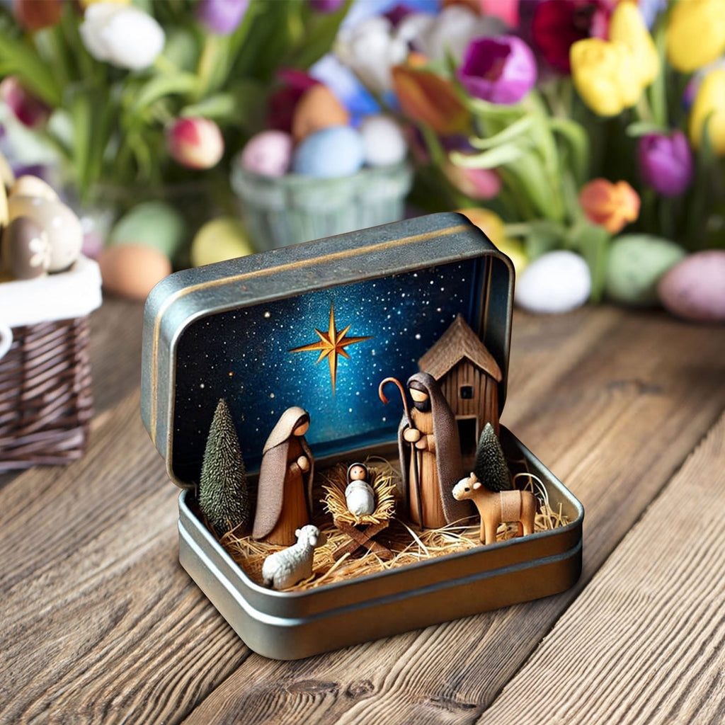 Mini Christmas Nativity Set In Tin Box Jesus Birth Scene Figurines Decoration for Tabletop Party Office Decor & Christian Holiday Gifts