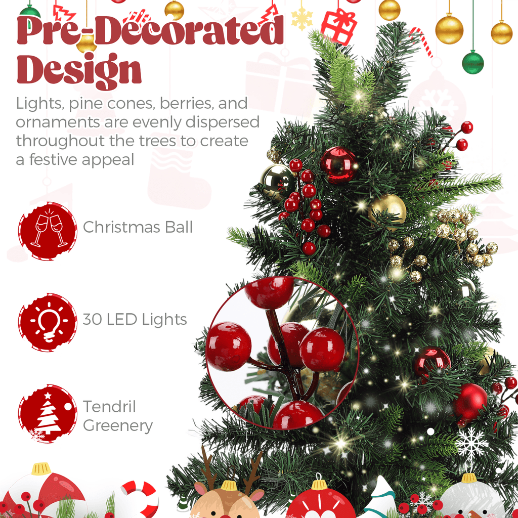 2 Pack 30 inch Prelit Outdoor Christmas Tree, Small Pre-Decorated Green Xmas Tree with Cones & Red Berries, 30 Warm Lights, Urn Filler Holiday Decor for Entrance Driveway, Yard, Garden