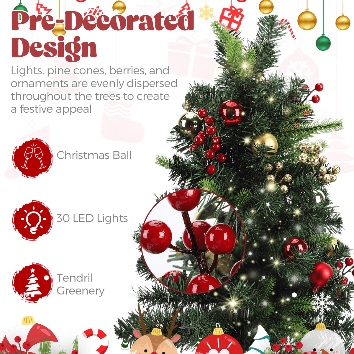 2 Pack 30 inch Prelit Outdoor Christmas Tree, Small Pre-Decorated Green Xmas Tree with Cones & Red Berries, 30 Warm Lights, Urn Filler Holiday Decor for Entrance Driveway, Yard, Garden