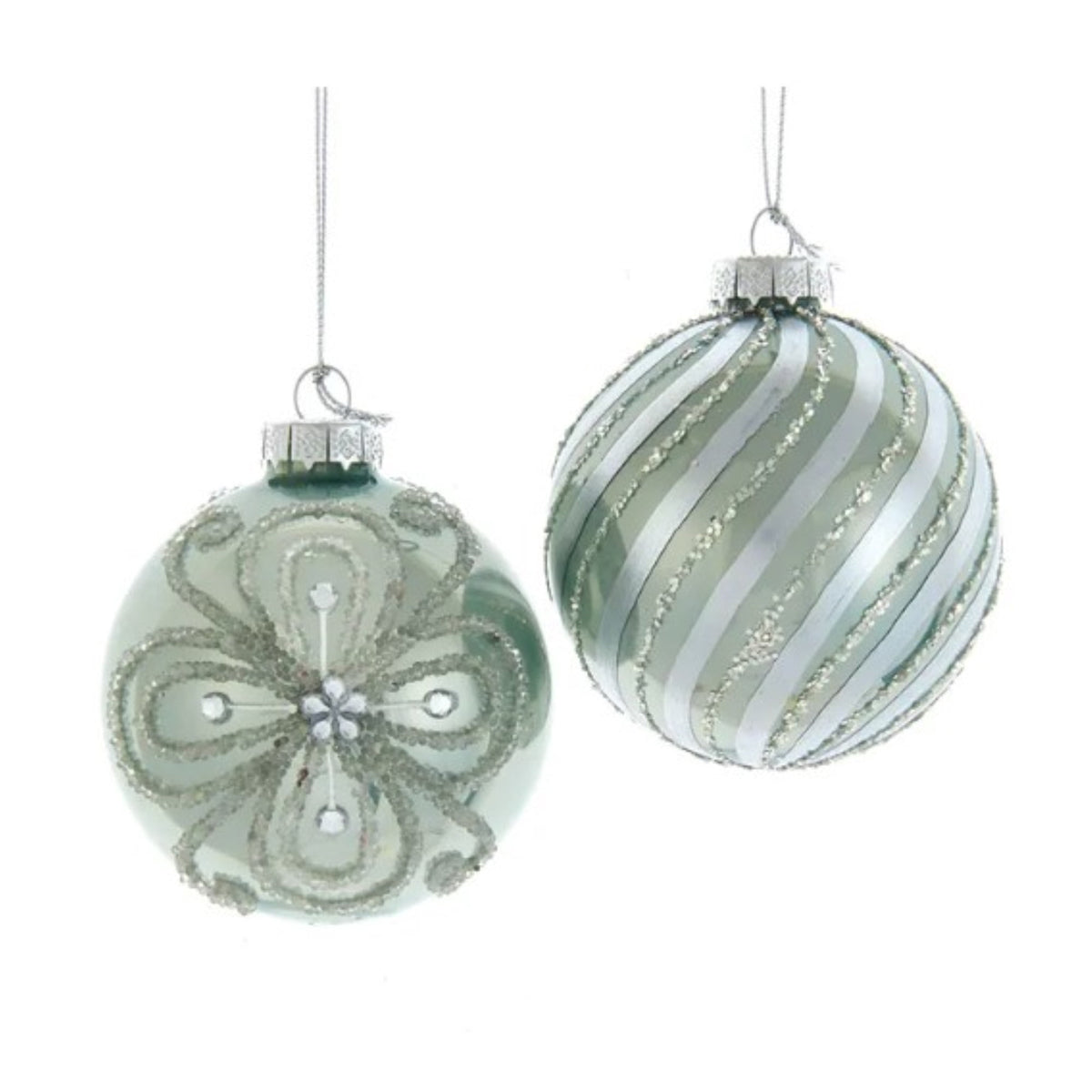 Kurt Adler 80MM Silver and Pale Aqua Embellished Ball Ornaments, 6 Piece Set