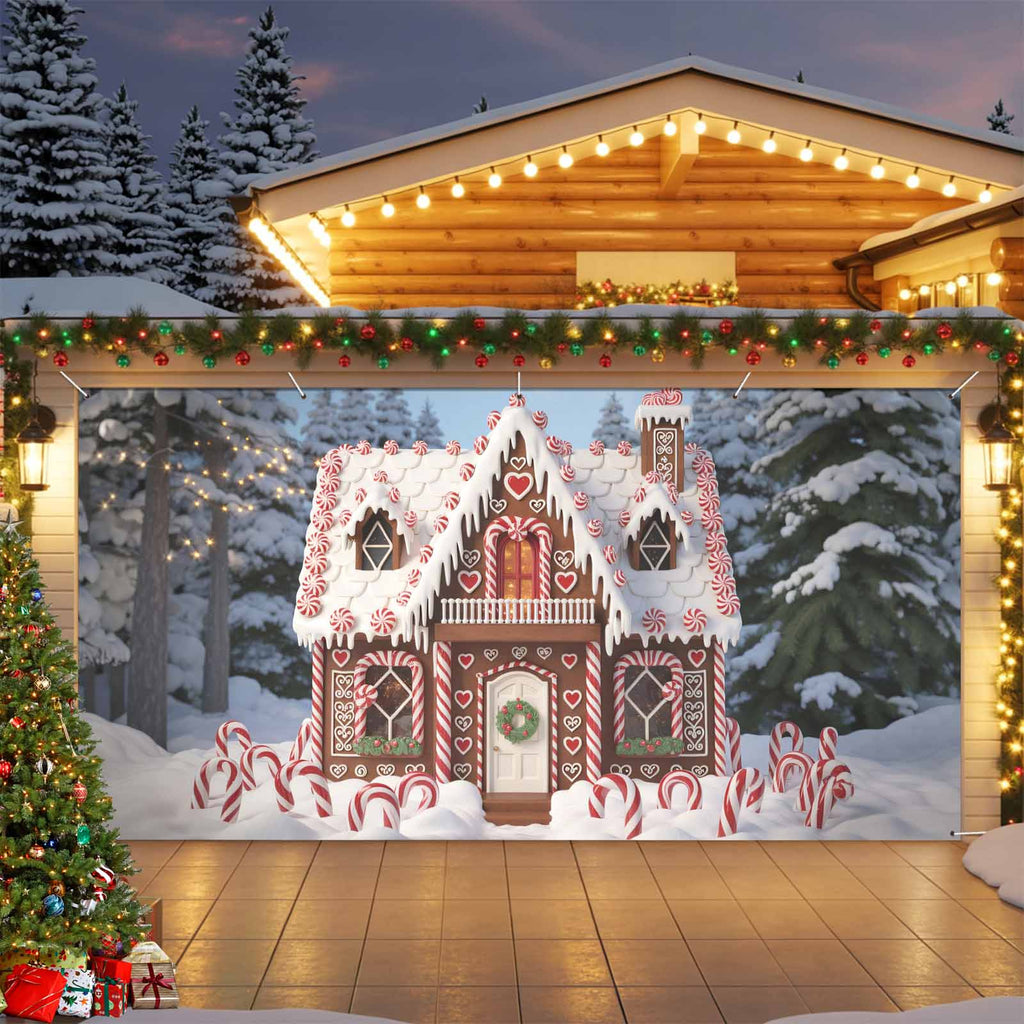 Fsddascl 7 x 16 Ft Christmas Garage Door Cover, Black Christmas Tree Large Garage Door Banner, Xmas Snowflake Green Golden Hanging Garage Mural Background for Indoor Outdoor Xmas Party Supplies