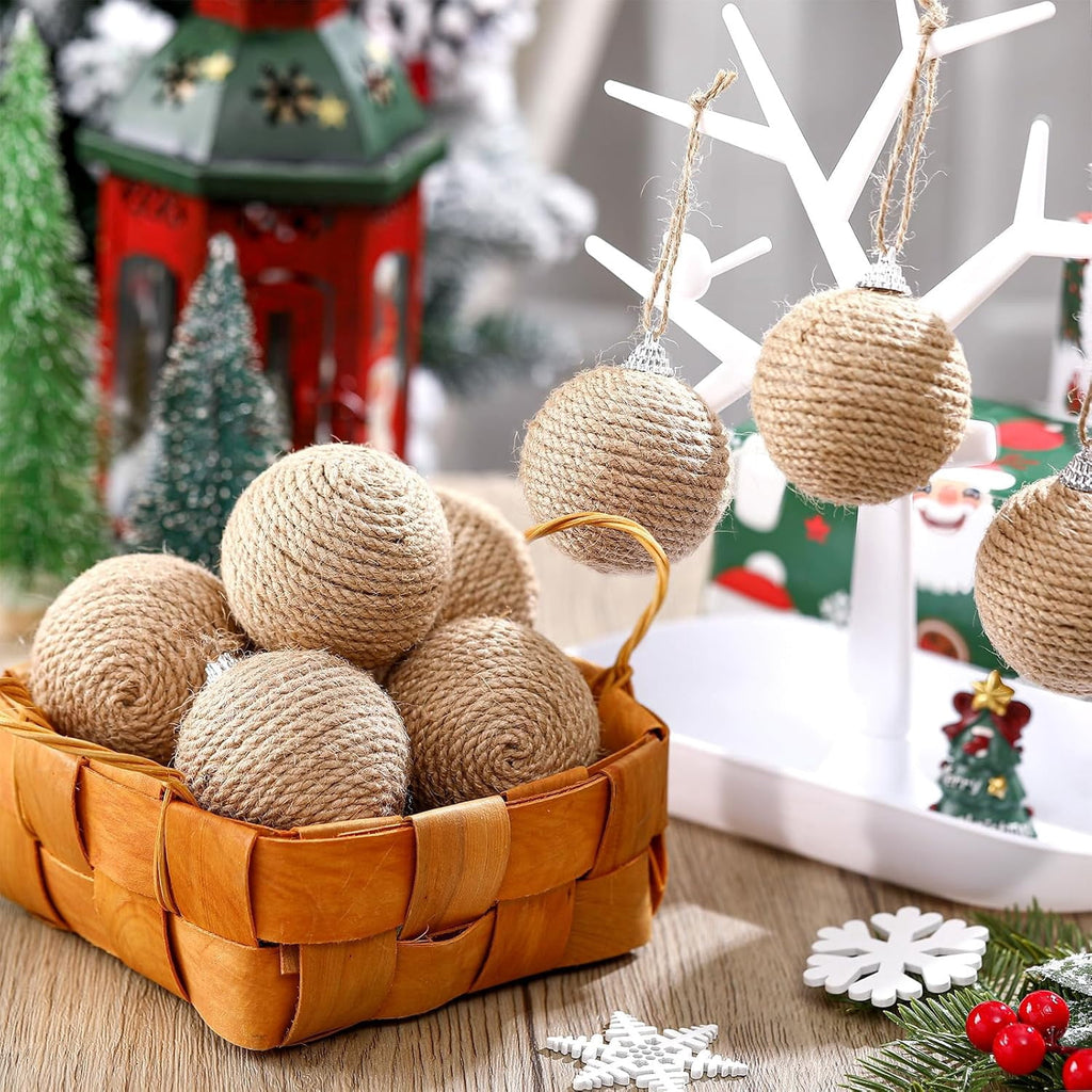 9Pcs 9 Pcs 2.36 Inch Christmas Ball Ornaments Farmhouse Jute Rope Hanging Balls Burlap Neutral Rustic Ornaments for Xmas Tree Holiday Wreath Garland Wedding Home(White,Beige,Dark Brown)