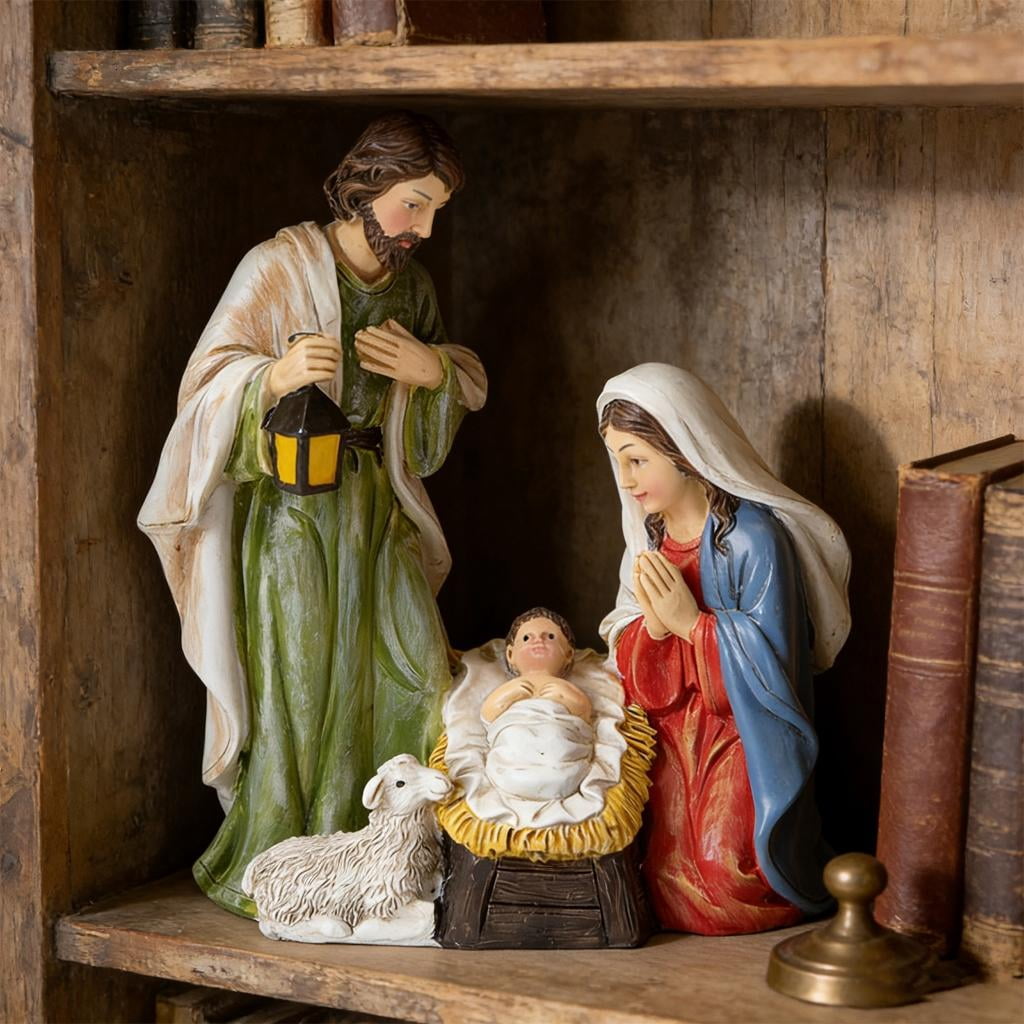 Osdhezcn Friendly Resin Nativity Set LED Light Holy Family Three Persons Christmas Decoration for Indoor Festival Ambiances