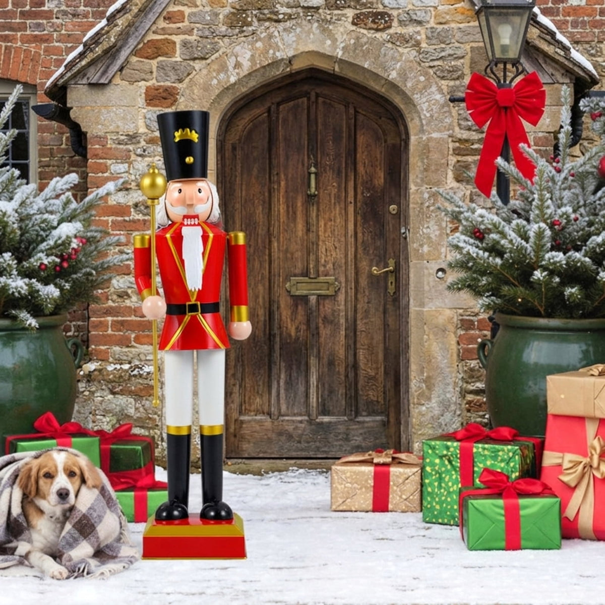 RUIE 32.5 Inch Christmas Nutcracker with High Hat and Scepter, Black & Red Metal Nutcracker Soldier with Hidden Storage for Indoor Outdoor Holiday