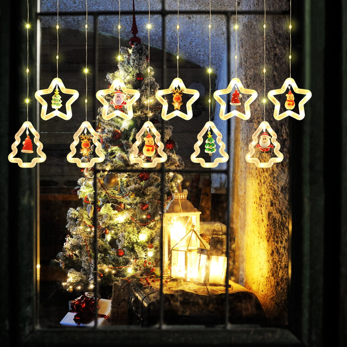 WILLED Christmas String Lights, 120 LED Window Curtain Lights with Christmas Ornaments, 9.8ft USB Powered Warm White Waterproof Fairy Lights Indoor Outdoor for Xmas Tree Patio Garden Party Home Decor