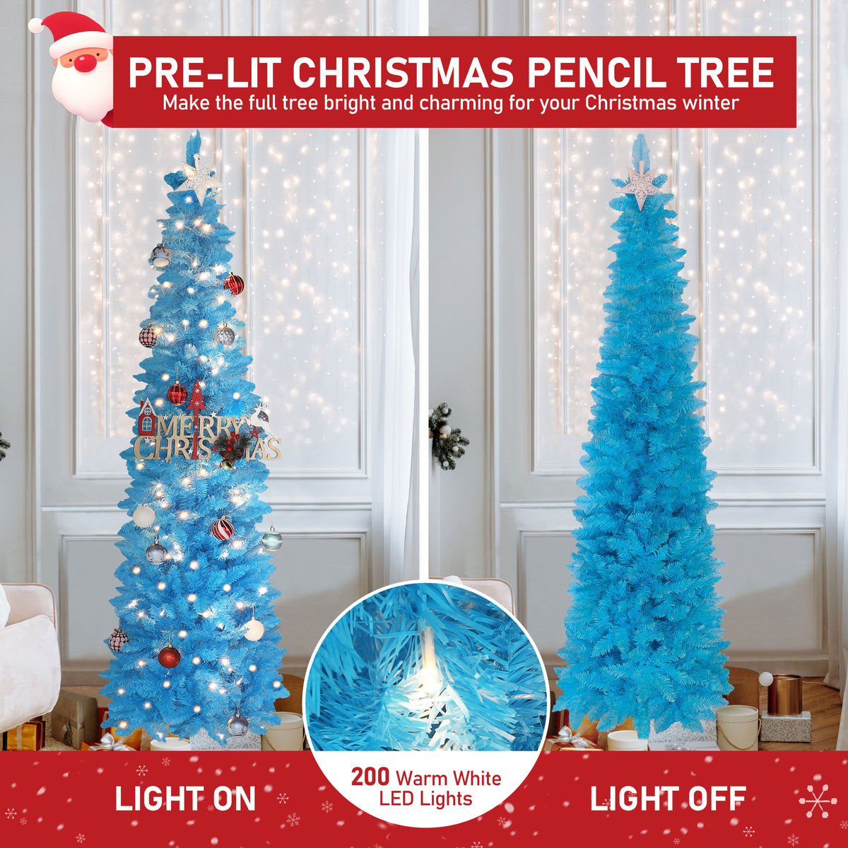 VEIKOUS 6ft Christmas Tree Crooked Neck with Topper, Prelit Xmas Tree with 200 LED Lights & 536 Branch Tips, Bendable Top Christmas Slim Tree for Holiday Decor, Green