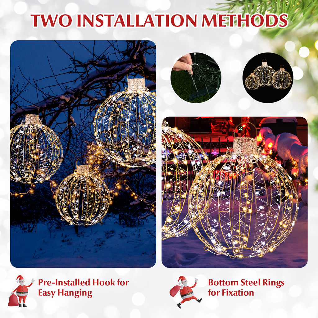 Gymax Set of 3 Christmas Globe Light Hanging Tree Light Ball Decor w/ Steel Frame & LED Lights