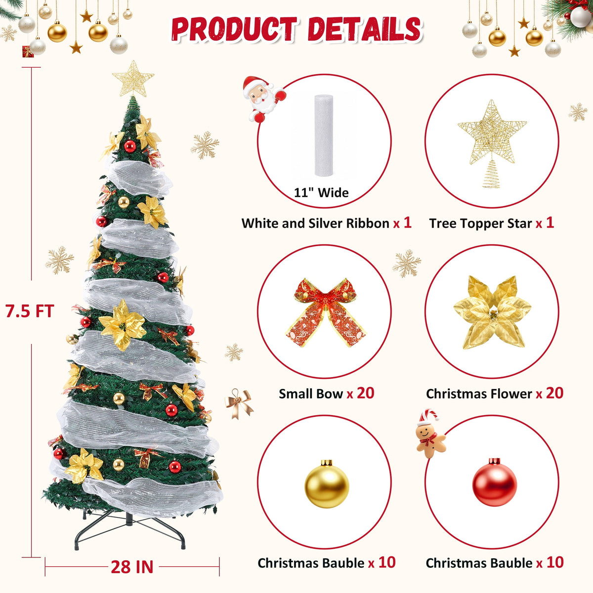 Yexmas 7.5FT Pre-Lit Christmas Tree,Green Pop Up Christmas Trees for Indoor Holiday Party Decorations