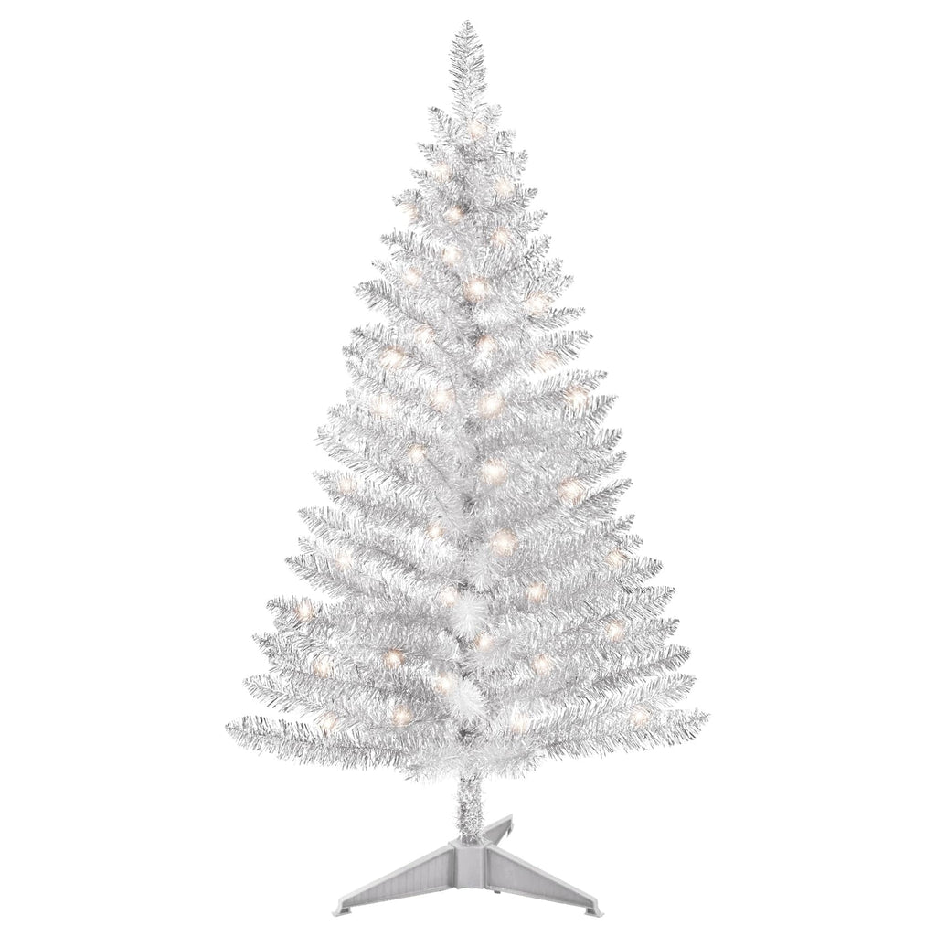 Bringstar 4FT Silver Artificial Christmas Tree with 50 String Lights, Mini Tinsel Tree, Not Pre-Lit, for Halloween & Holiday Home & Office Décor