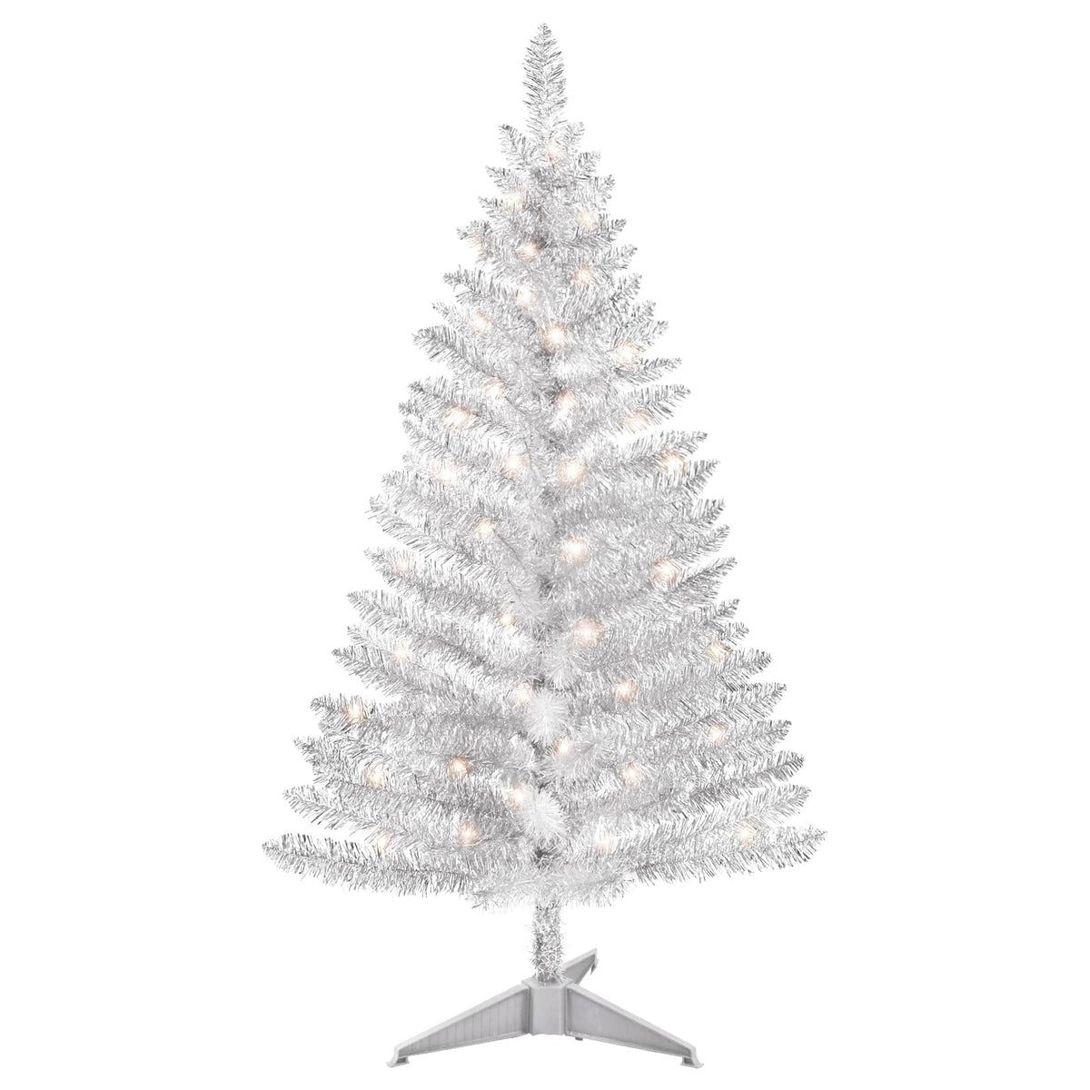 Bringstar 4FT Silver Artificial Christmas Tree with 50 String Lights, Mini Tinsel Tree, Not Pre-Lit, for Halloween & Holiday Home & Office Décor