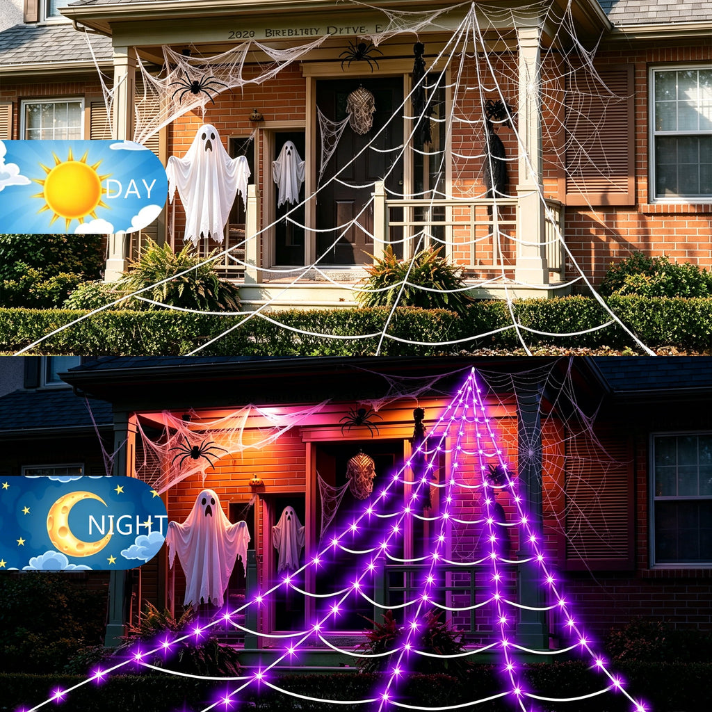 DAYBETTER Halloween Spider Web Lights, 250 LED Holiday Lighting, 15.7x16.4FT Waterproof Web Lights, Remote Control, for Indoor Outdoor Yard Garden Halloween Decor (Purple Light)