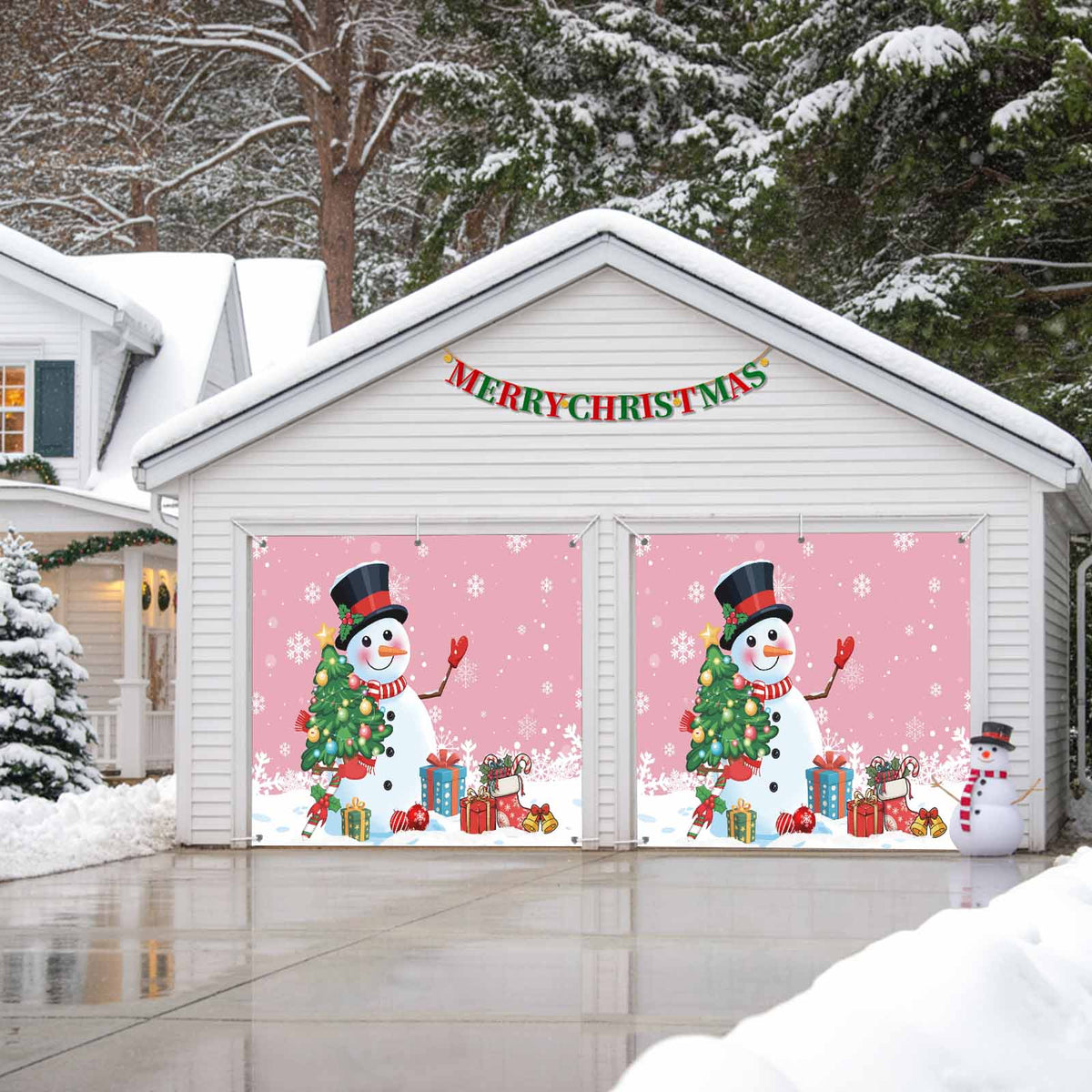 Fsddascl 7 x 16 Ft Christmas Garage Door Cover, Pink Snowman Christmas Large Garage Door Banner, Xmas Tree Snowflake Balls Gifts Hanging Garage Mural Background for Indoor Outdoor Xmas Party Supplies