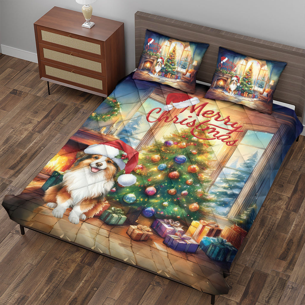 Merry Christmas French Bulldog Santa Hat Xmas Tree Winter Holiday Quilt Bedding Set Dog Lover Gifts 1 Blanket Bed Cover 2 Pillowcases - 01013