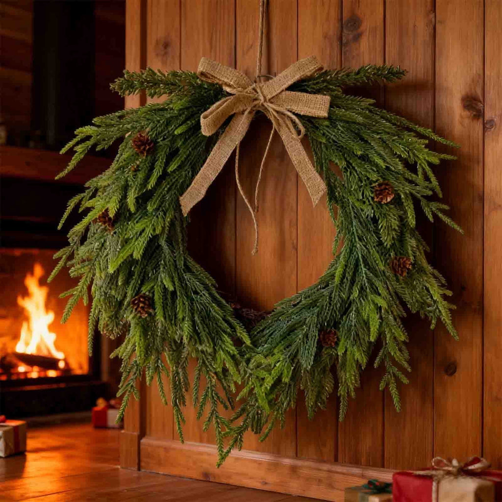 Hometravel Norfolk Pine Christmas Wreath, Artificial Green Holiday Door Decor, 40cm Circular Wreath for Indoor Outdoor Window Wall Display