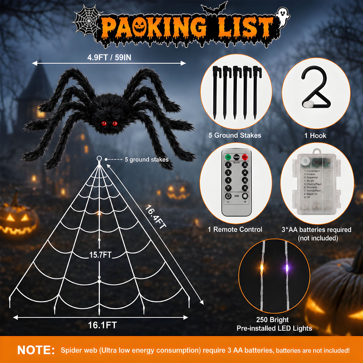 DAYBETTER Halloween Spider Web Lights, 250 LED Holiday Lighting, 15.7x16.4FT Waterproof Web Lights, Remote Control, for Indoor Outdoor Yard Garden Halloween Decor (Purple Light)