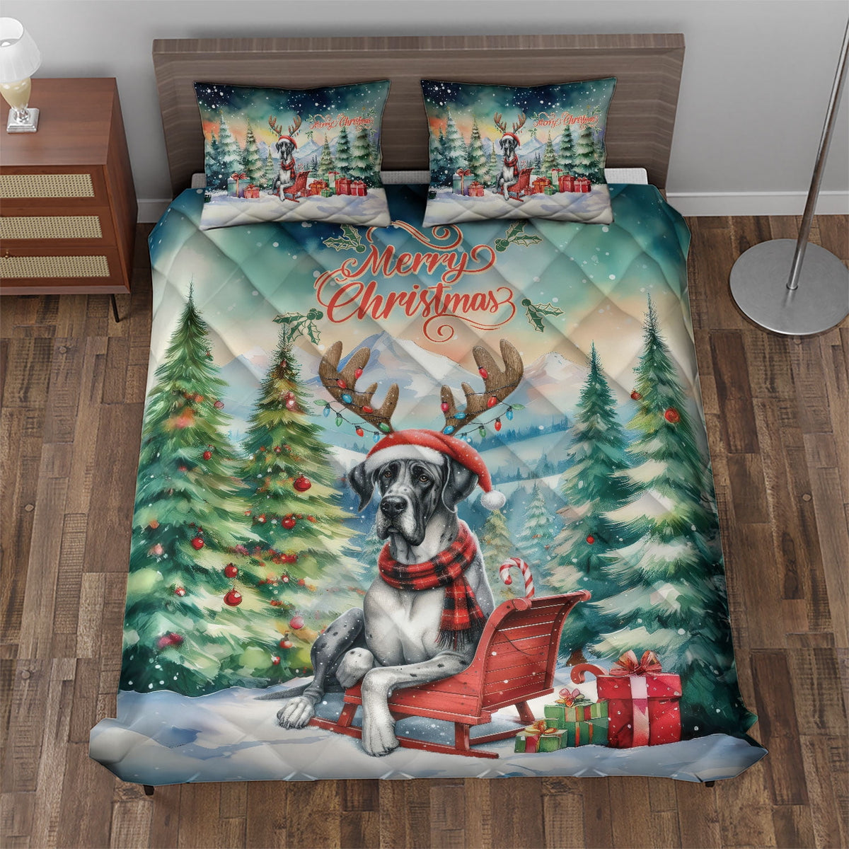 Merry Christmas Santa Reindeer Antlers French Bulldog Sleigh Xmas Winter Holiday Quilt Bedding Set Dog Lover Gifts 1 Blanket Bed Cover 2 Pillowcases - 00023