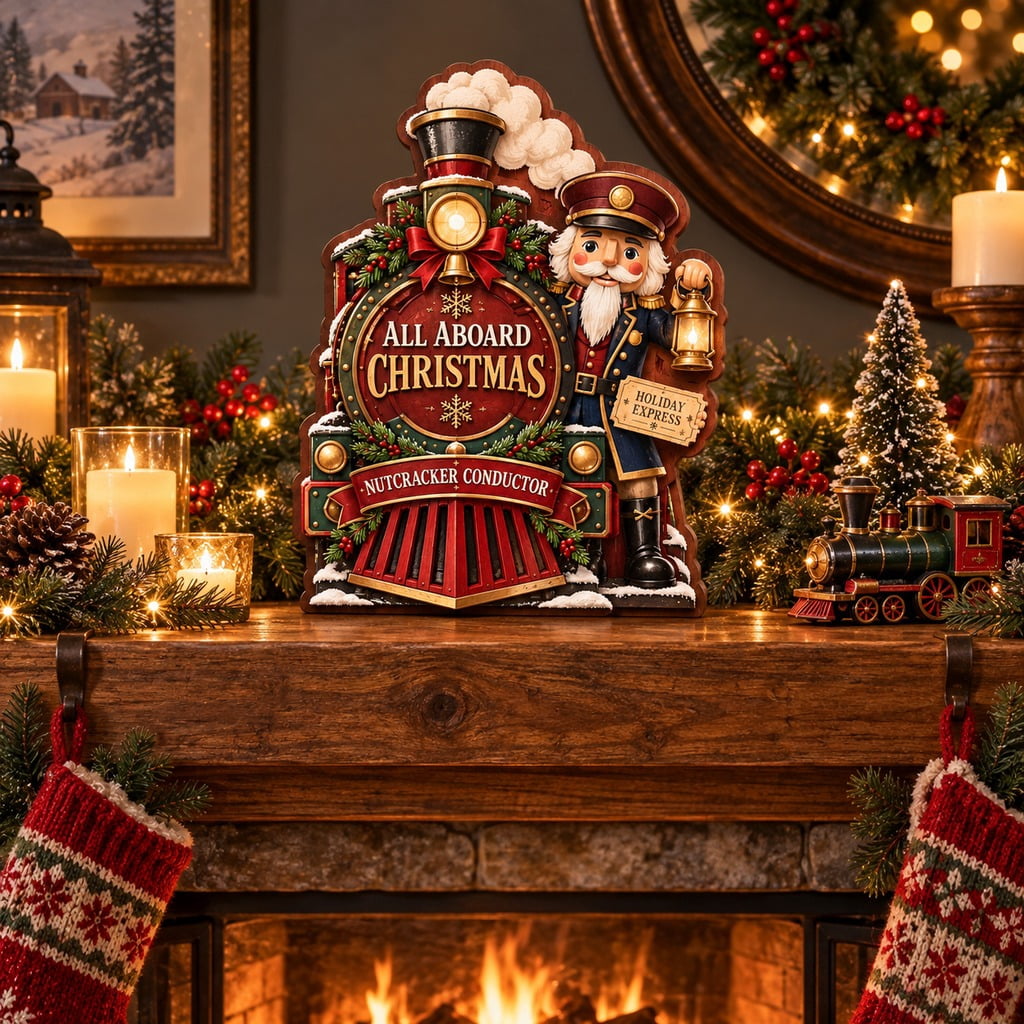 Layered Wooden Tabletop Display Nutcracker Train Conductor Christmas