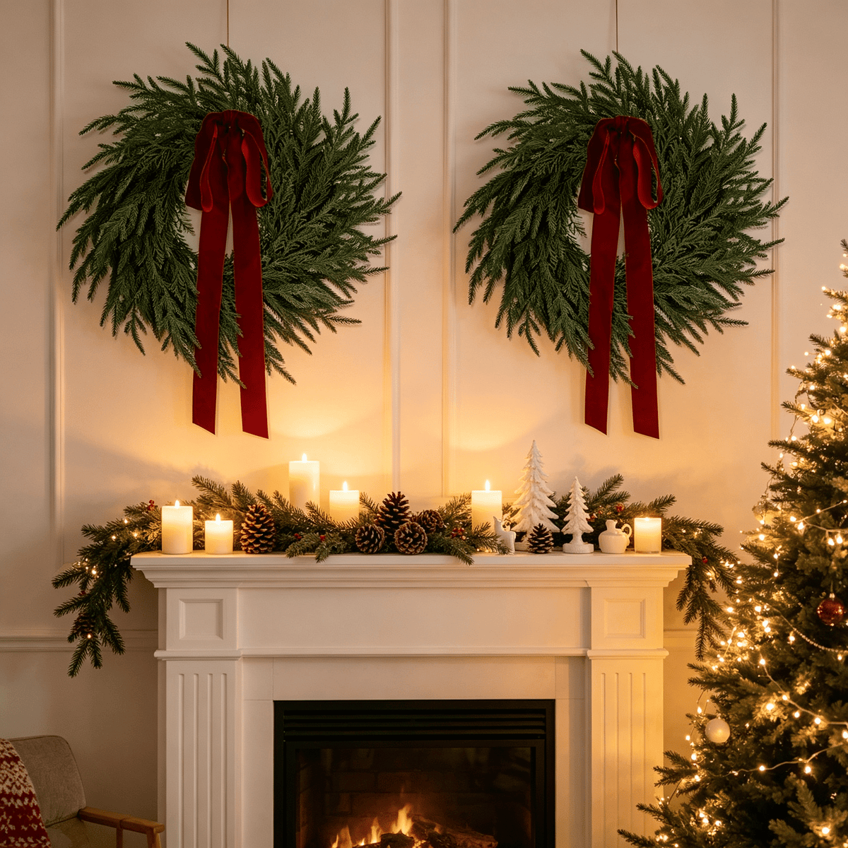 2 Pack Artificial Christmas Wreaths for Front Door, 24" Norfolk Pine & Cedar Greenery Wreath with Red Bows, Real Touch Holiday Wreaths for Indoor Outdoor Christmas Decorations, Seasonal Decor