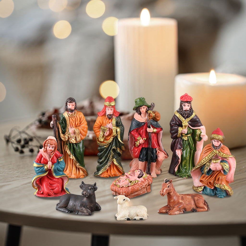 Christmas Nativity Religious Ornaments (10 Pcs) - Little People Nativity Set Resin Manger Figure Crafts, Exquisite Design for Living Room Study Decor