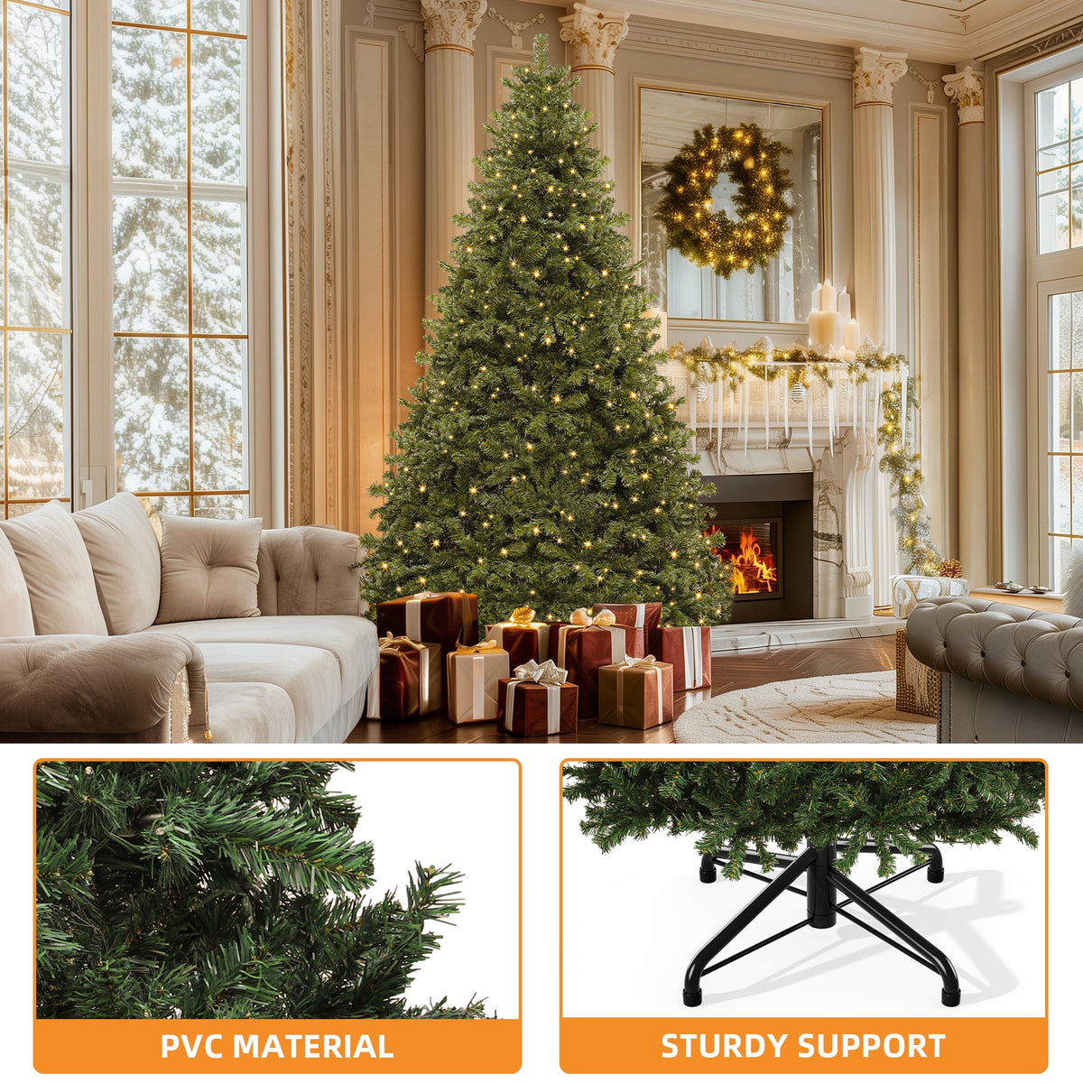 Uforic 6ft Pre-Lit Artificial Christmas Tree with 880 Tips and 250 Warm Lights for Home and Party