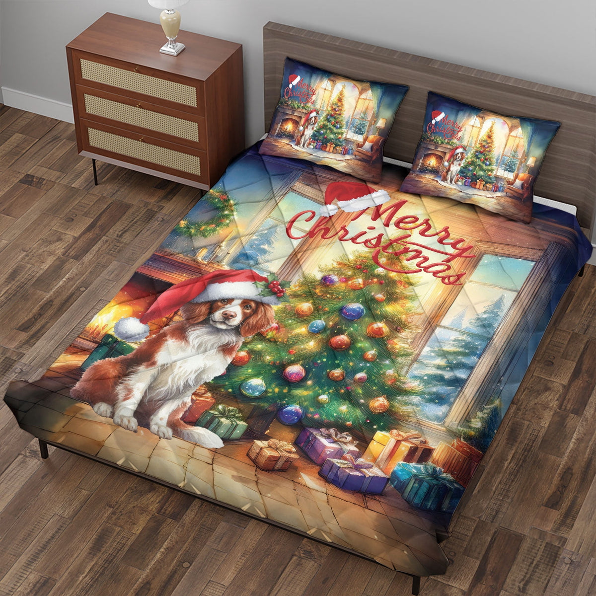 Merry Christmas French Bulldog Santa Hat Xmas Tree Winter Holiday Quilt Bedding Set Dog Lover Gifts 1 Blanket Bed Cover 2 Pillowcases - 01013