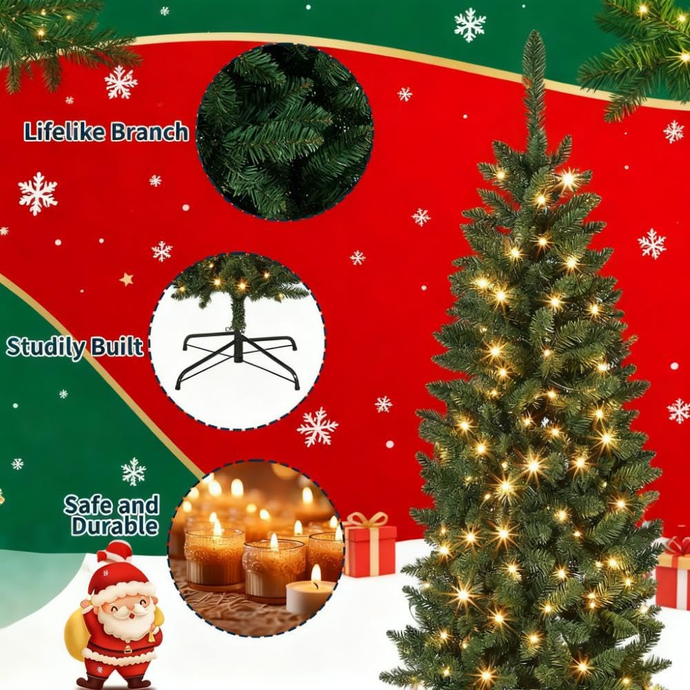 9ft Pre-Lit Slim Artificial Christmas Tree, Hinged Xmas Tree with Hinged Structure & Metal Stand for Home, Shops and Holiday Decoration
