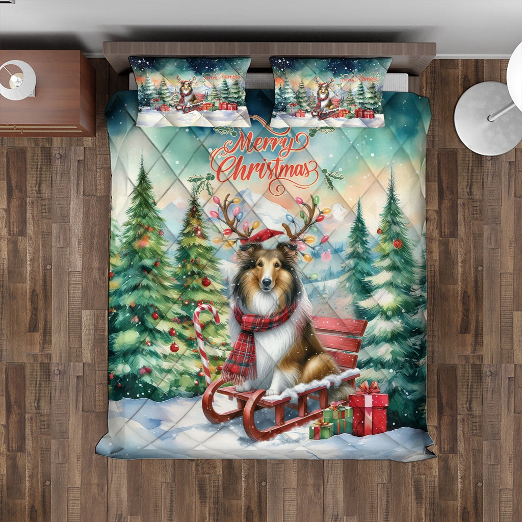 Merry Christmas Santa Reindeer Antlers French Bulldog Sleigh Xmas Winter Holiday Quilt Bedding Set Dog Lover Gifts 1 Blanket Bed Cover 2 Pillowcases - 00023