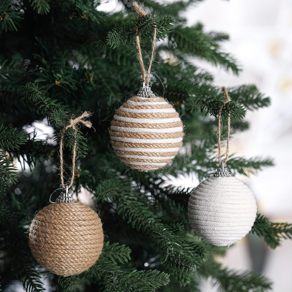 9Pcs 9 Pcs 2.36 Inch Christmas Ball Ornaments Farmhouse Jute Rope Hanging Balls Burlap Neutral Rustic Ornaments for Xmas Tree Holiday Wreath Garland Wedding Home(White,Beige,Dark Brown)