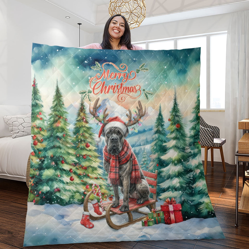 Merry Christmas Santa Reindeer Antlers French Bulldog Sleigh Xmas Winter Holiday Quilt Bedding Set Dog Lover Gifts 1 Blanket Bed Cover 2 Pillowcases - 00023